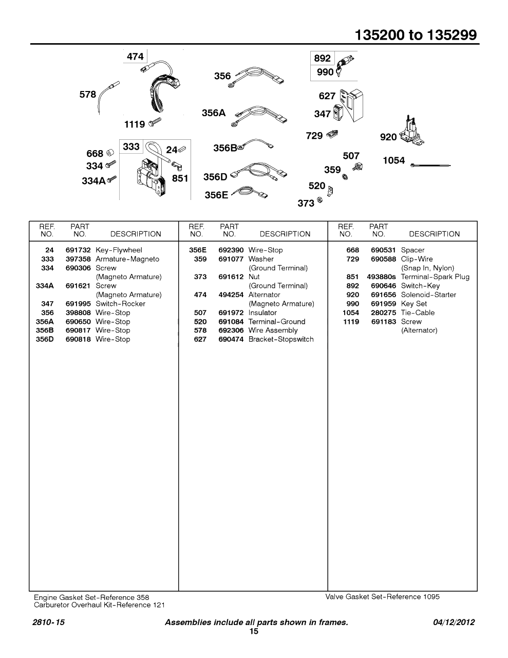 Electrical Diagram and Parts List for 135207-0325-XX  Briggs and Stratton Engine